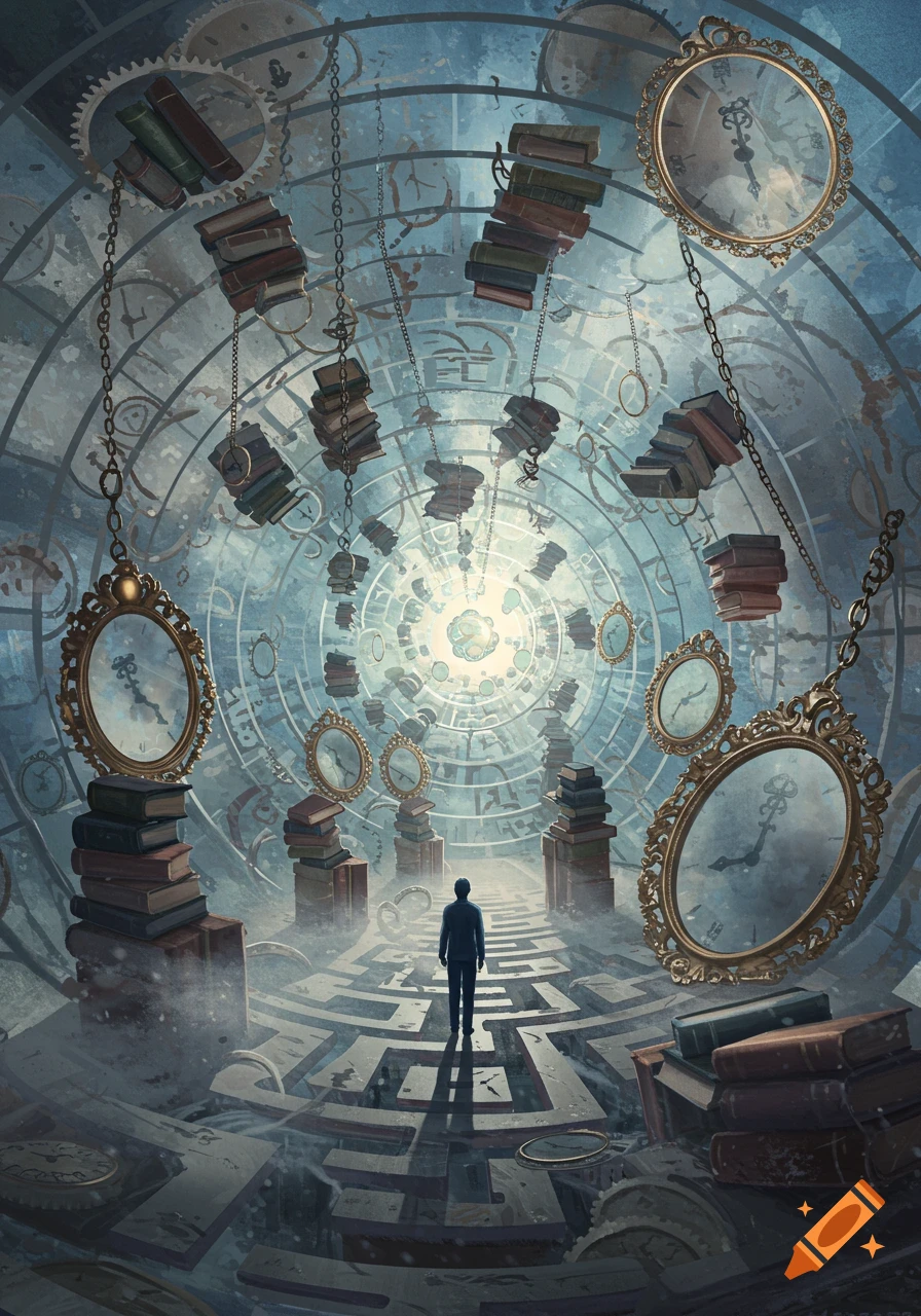 A lone figure stands on a maze floor, surrounded by floating books, ornate clocks, and gears in a blue, ethereal, abstract space.