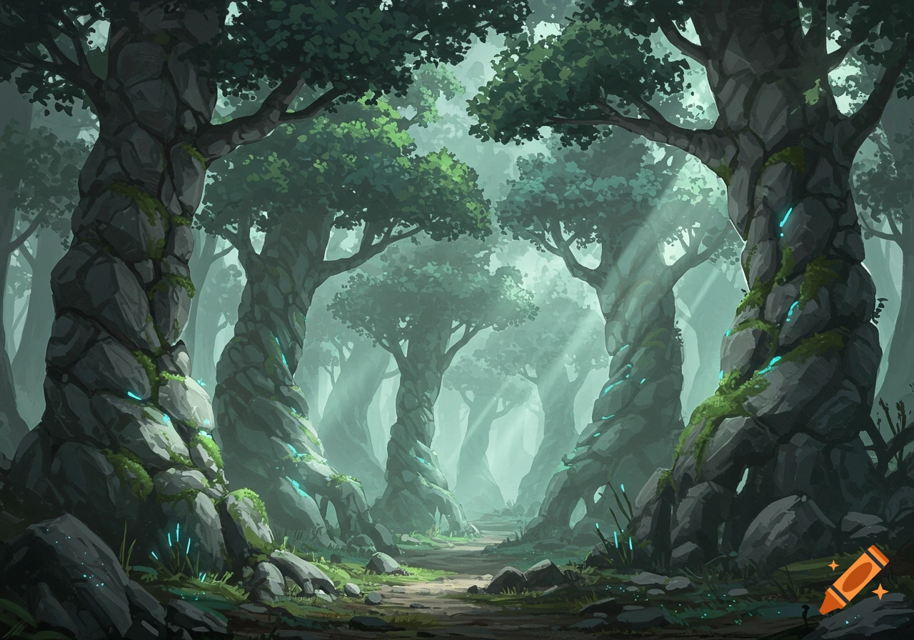 A stylized fantasy forest with large, gnarled trees made of stone, covered in moss and glowing blue elements. A path winds through the misty woods with sun rays.
