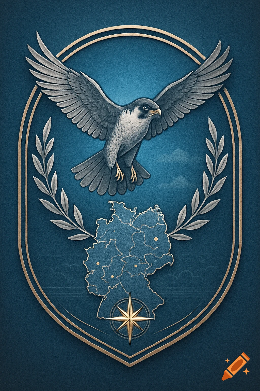 A peregrine falcon in flight above a map of Germany and a compass rose, framed by olive branches within an ornate blue and gold crest.