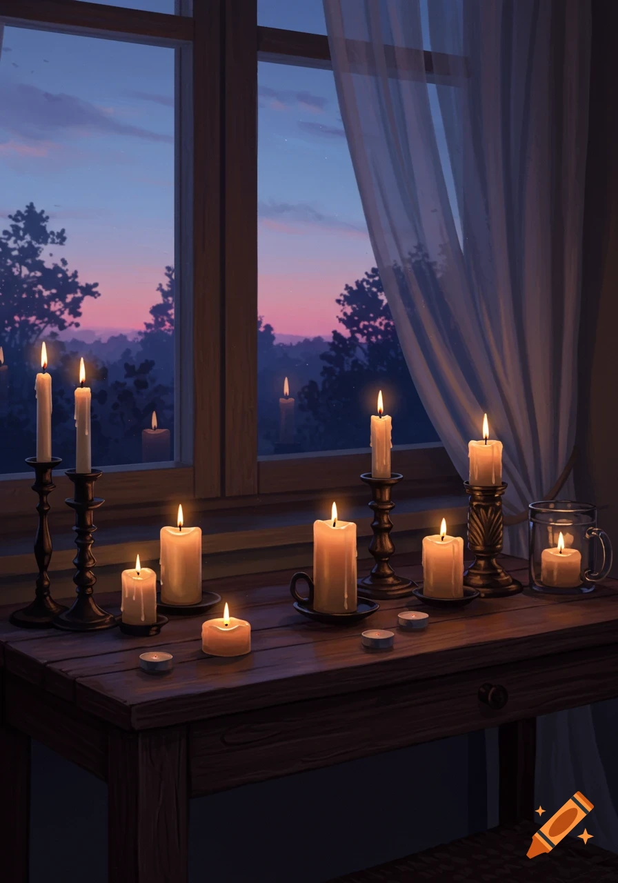 Multiple lit candles on a wooden table in front of a window at dusk, with trees silhouetted against a pink and blue sky.