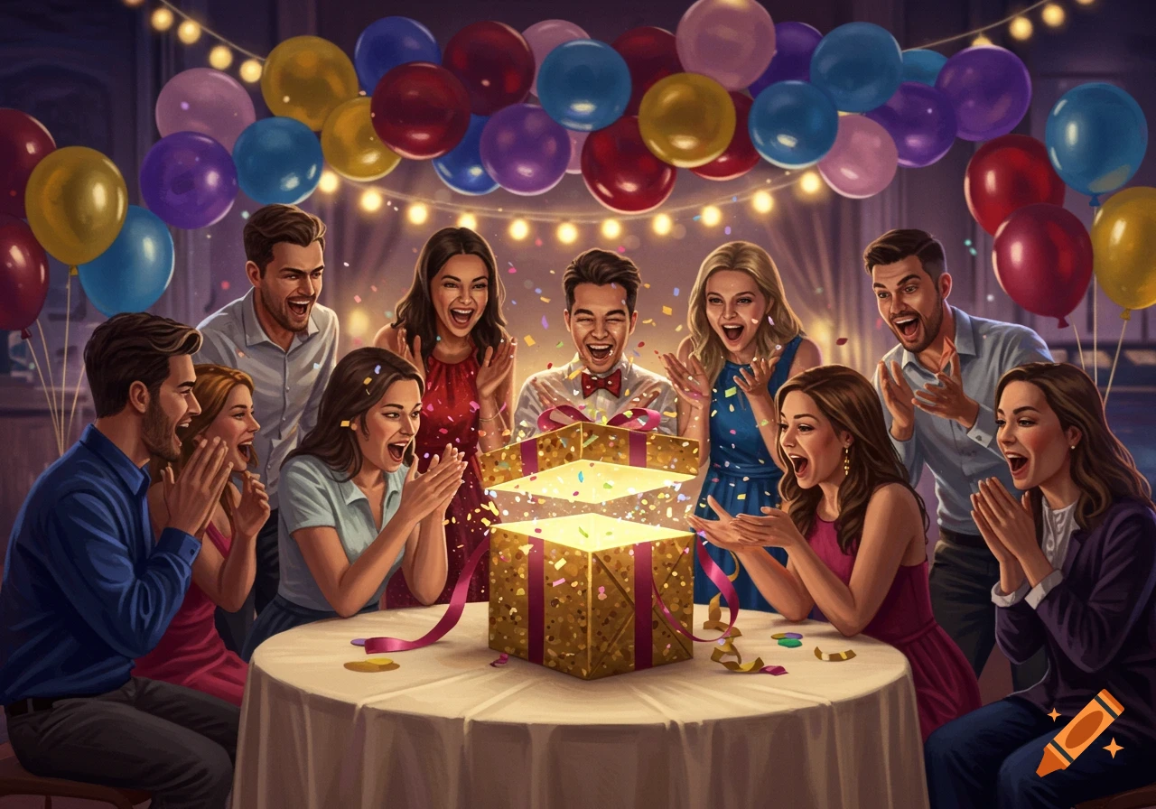 A diverse group of cheerful adults celebrate opening a glowing gift box, surrounded by confetti and colorful balloons at a party.