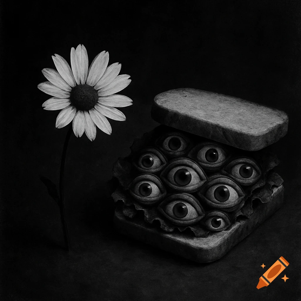 A black and white surreal image of a daisy next to an open sandwich filled with numerous eyes, against a dark background.