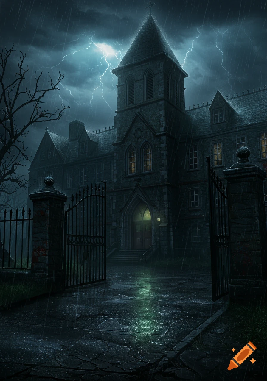 Gloomy gothic building at night during a heavy rainstorm with lightning. An open metal gate leads to the entrance of the dark school.