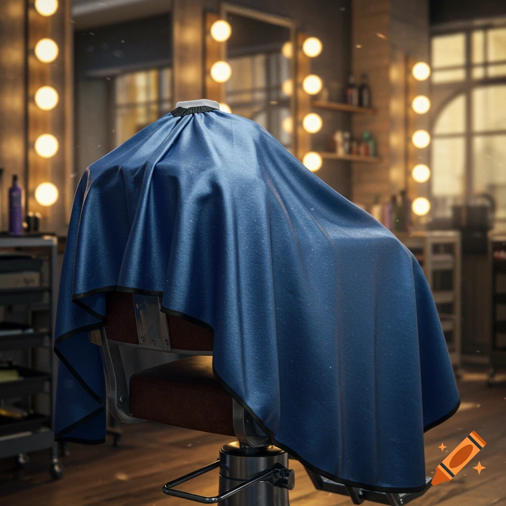 A blue barber's cape draped over a dark leather barber chair in a brightly lit salon with mirror and lights.