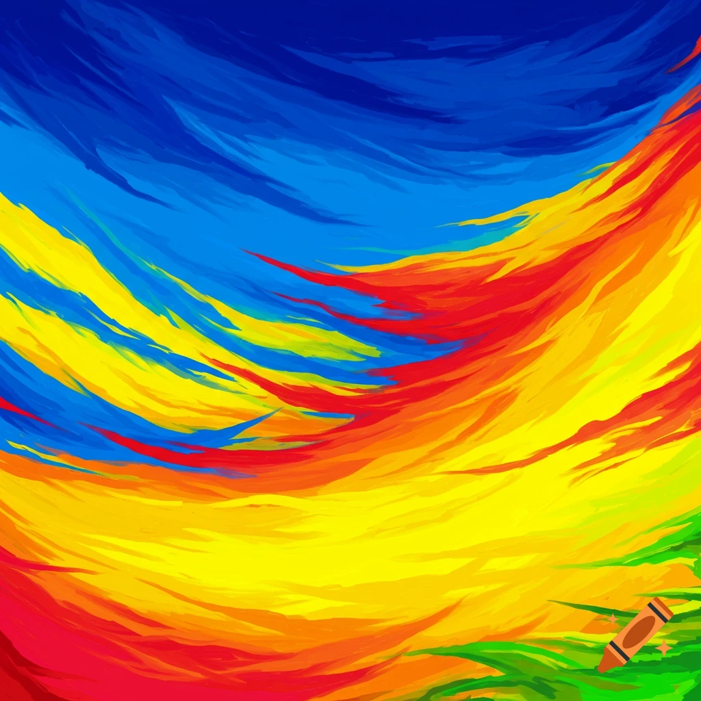 An abstract painting featuring broad, wavy brushstrokes in vibrant blue, yellow, red, orange, and green colors.