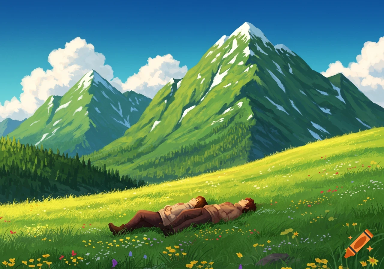 Two people lie on a vibrant green, flower-speckled hillside, gazing at towering, snow-capped mountains under a clear blue sky in an anime style.
