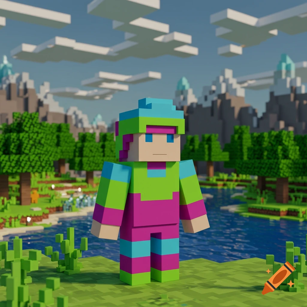 A blocky character in pink, lime green, and blue stands in a Minecraft-like landscape with water, trees, and mountains under a blue sky.