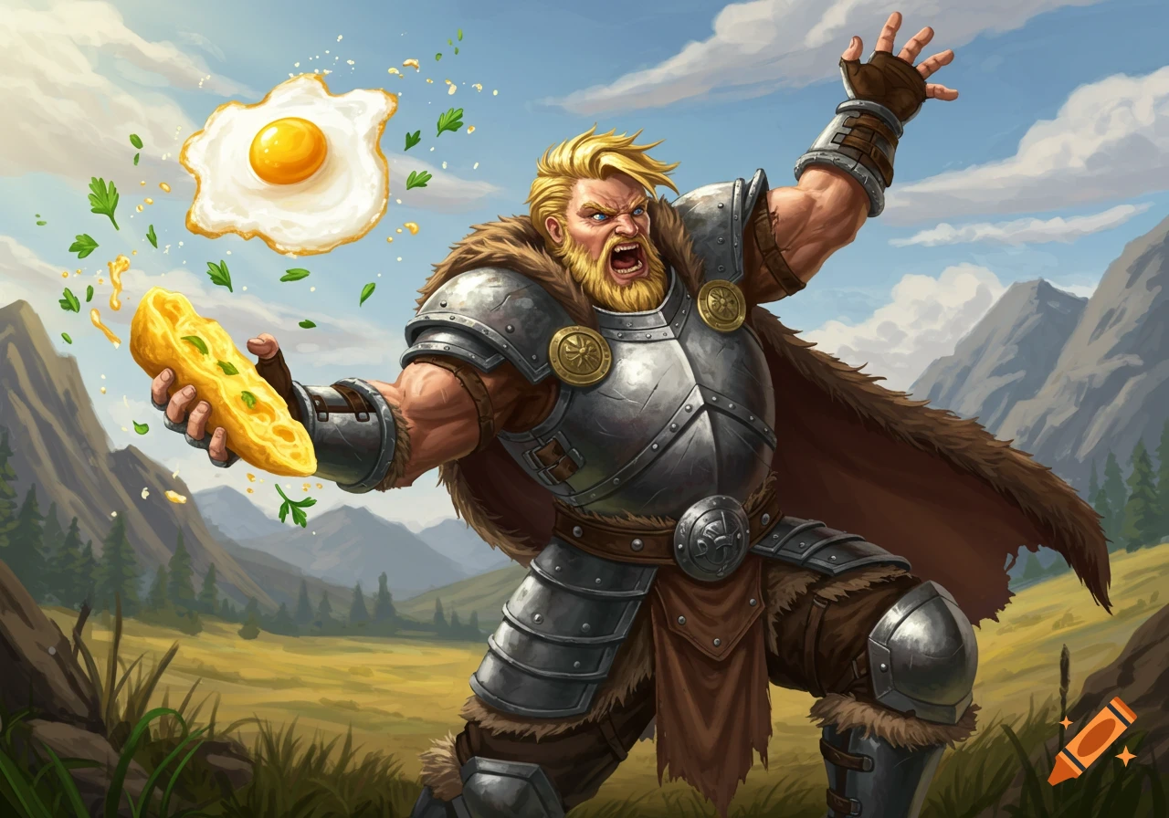 A blonde male D&D barbarian in detailed armor aggressively tosses an omelette, a fried egg, and parsley in a scenic field.