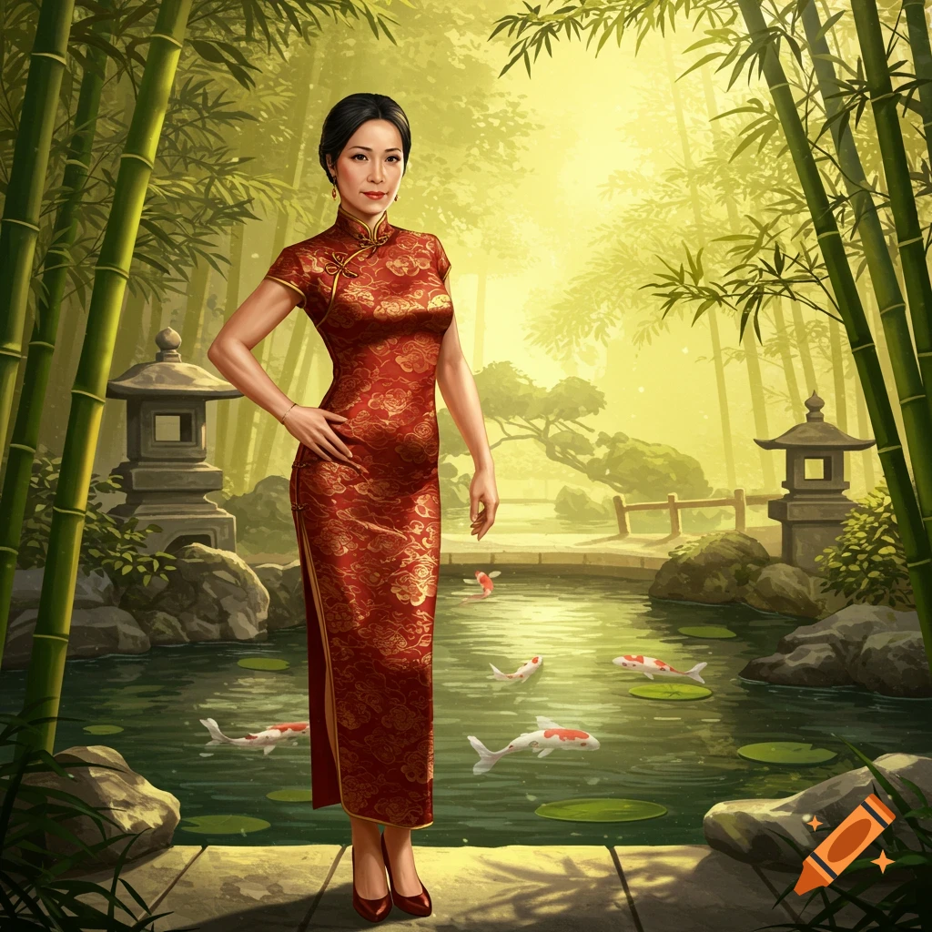 A Chinese woman in a red cheongsam stands in a tranquil bamboo garden with a koi pond, depicted in an illustration style.
