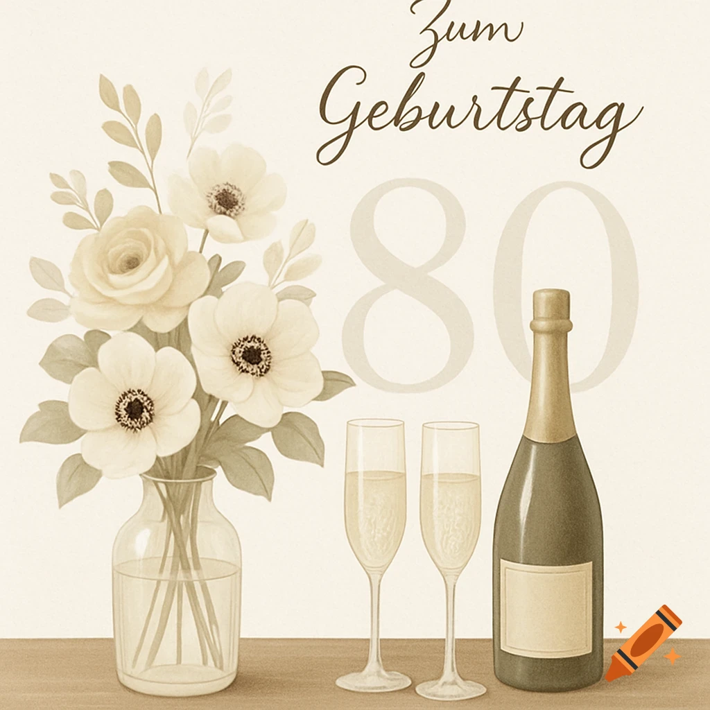 A creamy illustration of a birthday card with 'Zum Geburtstag 80', a vase of flowers, two champagne glasses, and a champagne bottle.
