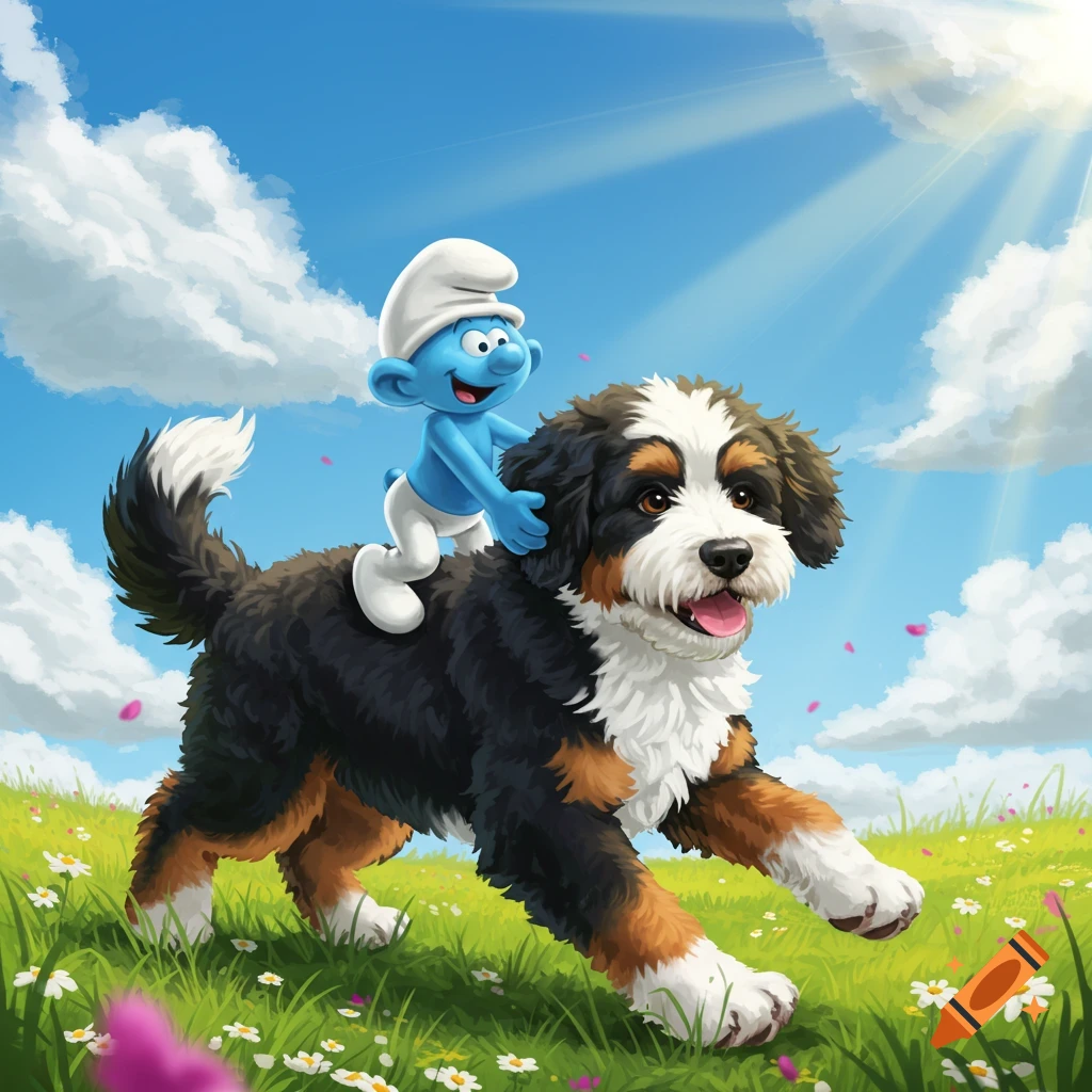 A blue Smurf rides a fluffy Bernedoodle puppy through a sunny green field with flowers under a blue sky.