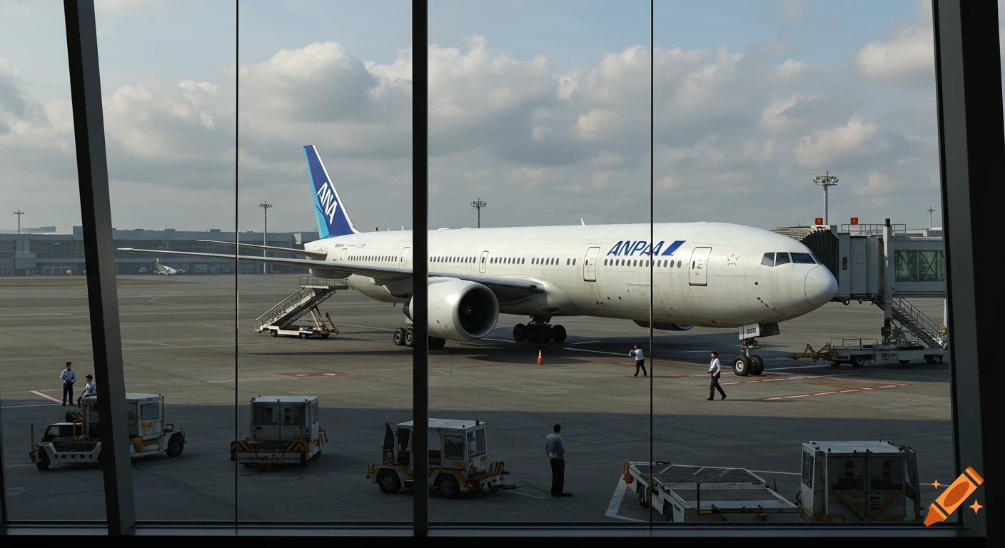 A realistic photograph of an ANA Boeing 777 airplane parked at an airport gate, viewed through a terminal window.