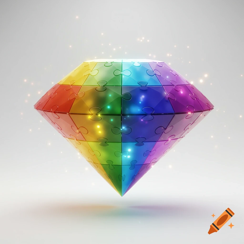 A vibrant diamond-shaped object composed of rainbow-colored puzzle pieces, with subtle light sparkles on a light background.