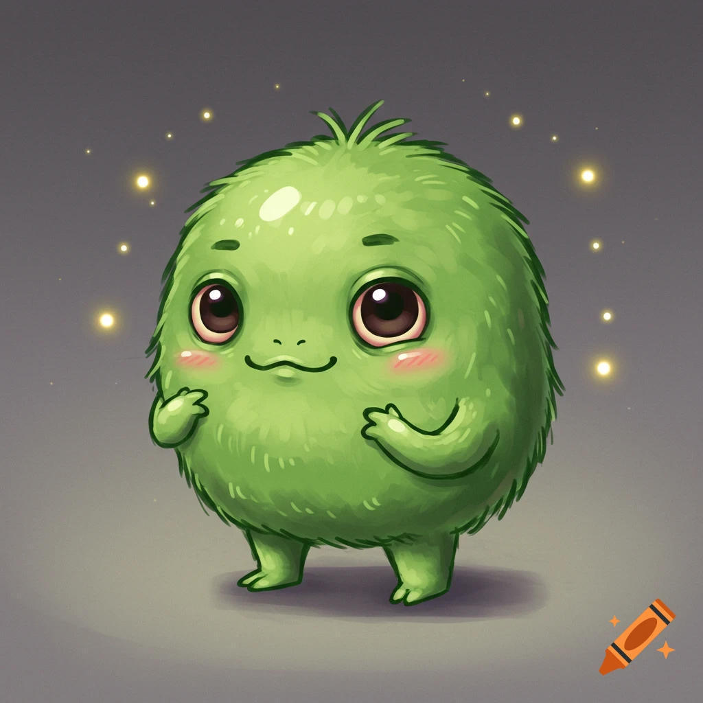 A cute, fluffy green monster with big eyes and rosy cheeks stands on a dark background with sparkles.