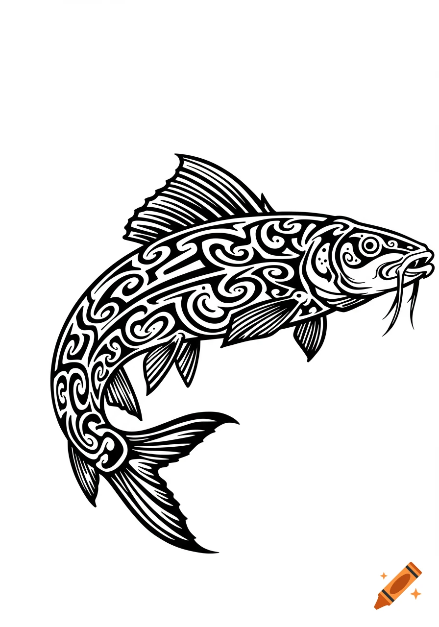 Black tribal art illustration of a barbel fish, curving upwards on a white background.
