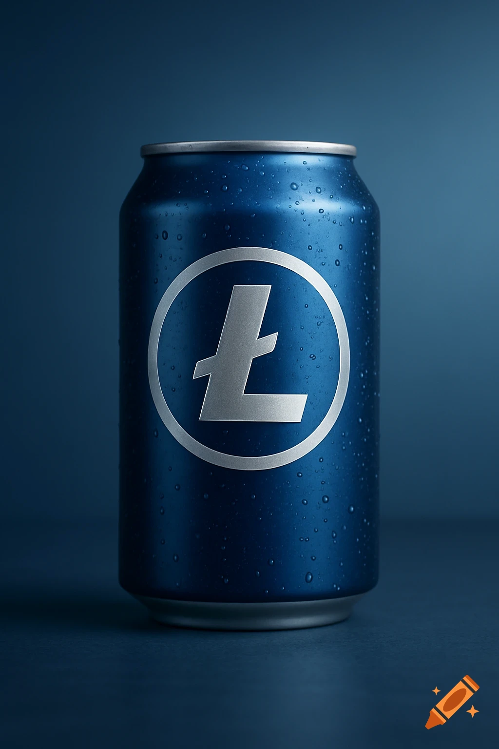 A photorealistic image of a blue soda can covered in condensation, with the silver Litecoin logo prominently displayed on the front.