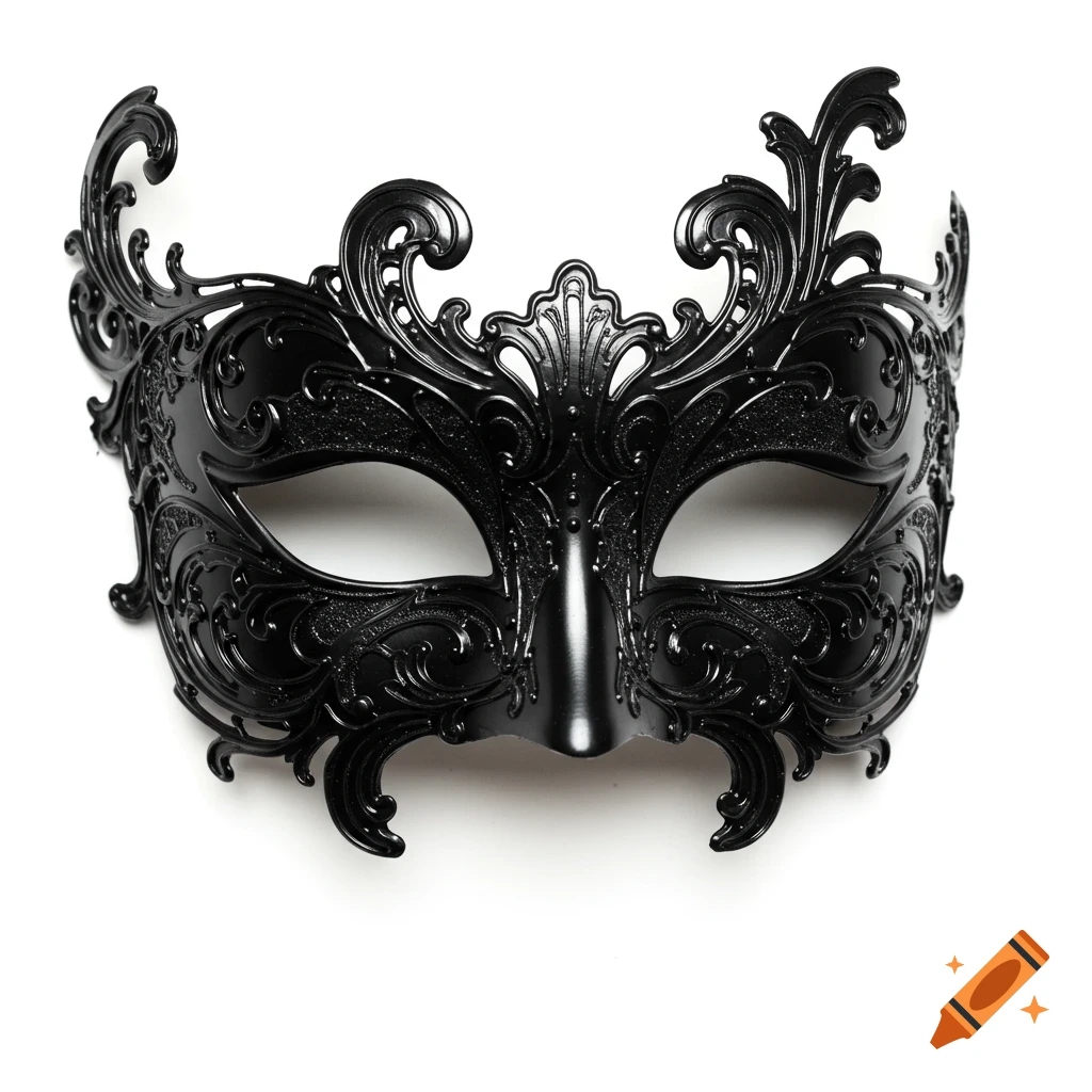 A close-up of a black, ornate masquerade mask with glitter details, on a white background.