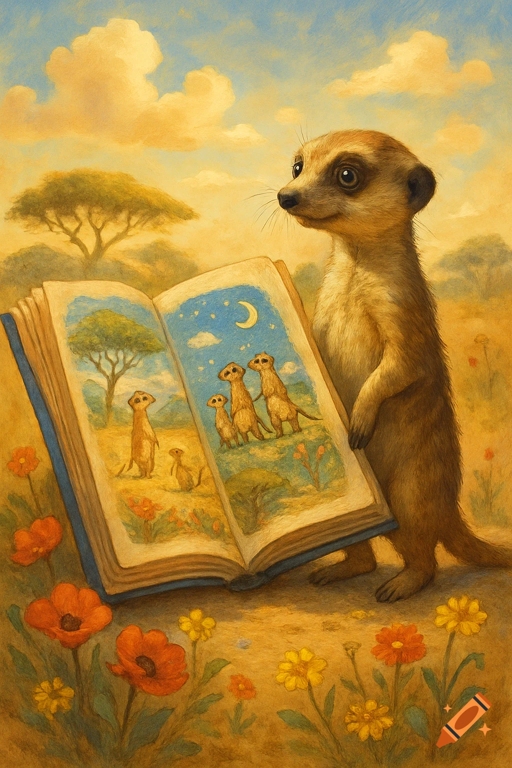 A meerkat stands upright, holding an open illustrated book in a warm, painterly savanna scene with flowers.