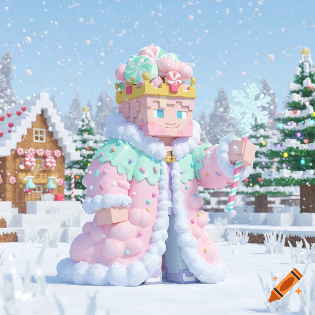 A Minecraft-style candy king in a pink, candy-covered robe and crown holds a glowing snowflake staff in a snowy Christmas scene.
