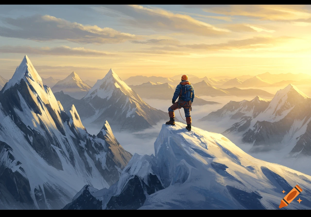 An illustrated lone climber stands on a snowy mountain peak, overlooking a vast range with misty valleys at sunrise.