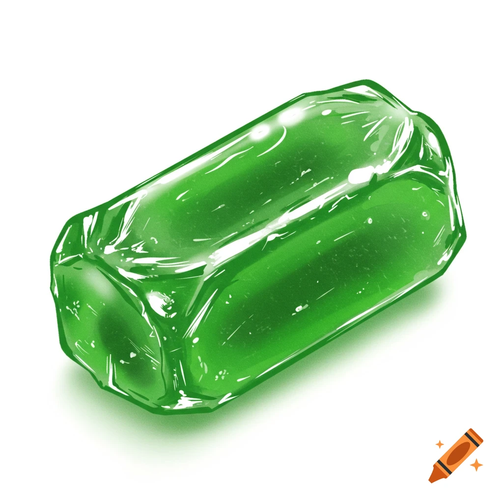 A shiny, translucent green candy, possibly wrapped, on a white background.