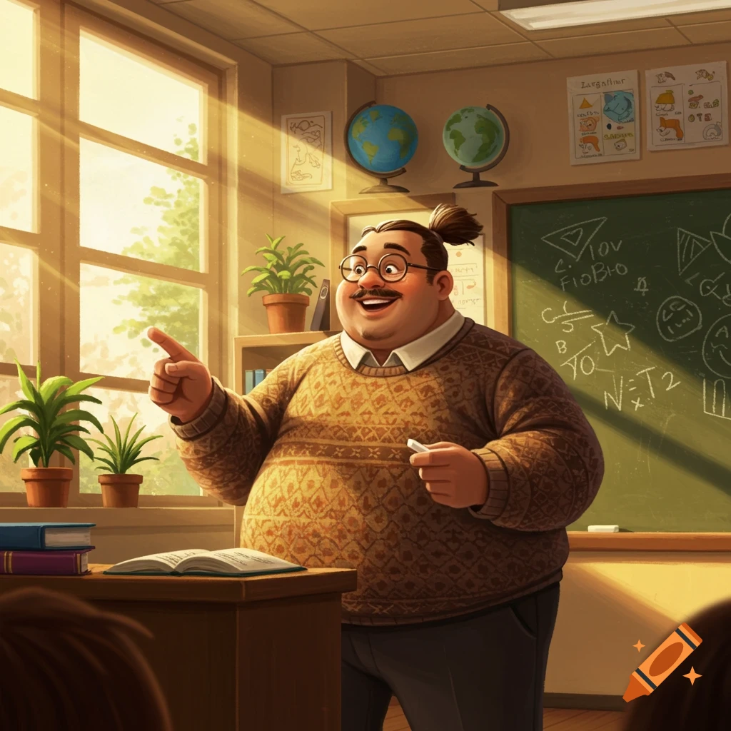 A cartoon teacher with a ponytail and mustache, wearing a patterned sweater, smiles and points in a sunny classroom.