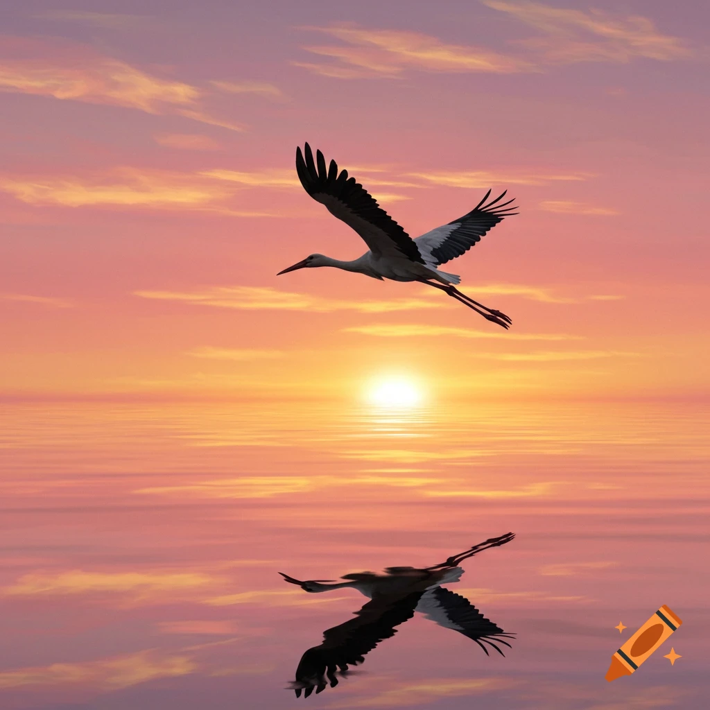 A stork soars gracefully over calm water, its silhouette framed by a vibrant orange and pink sunset sky.