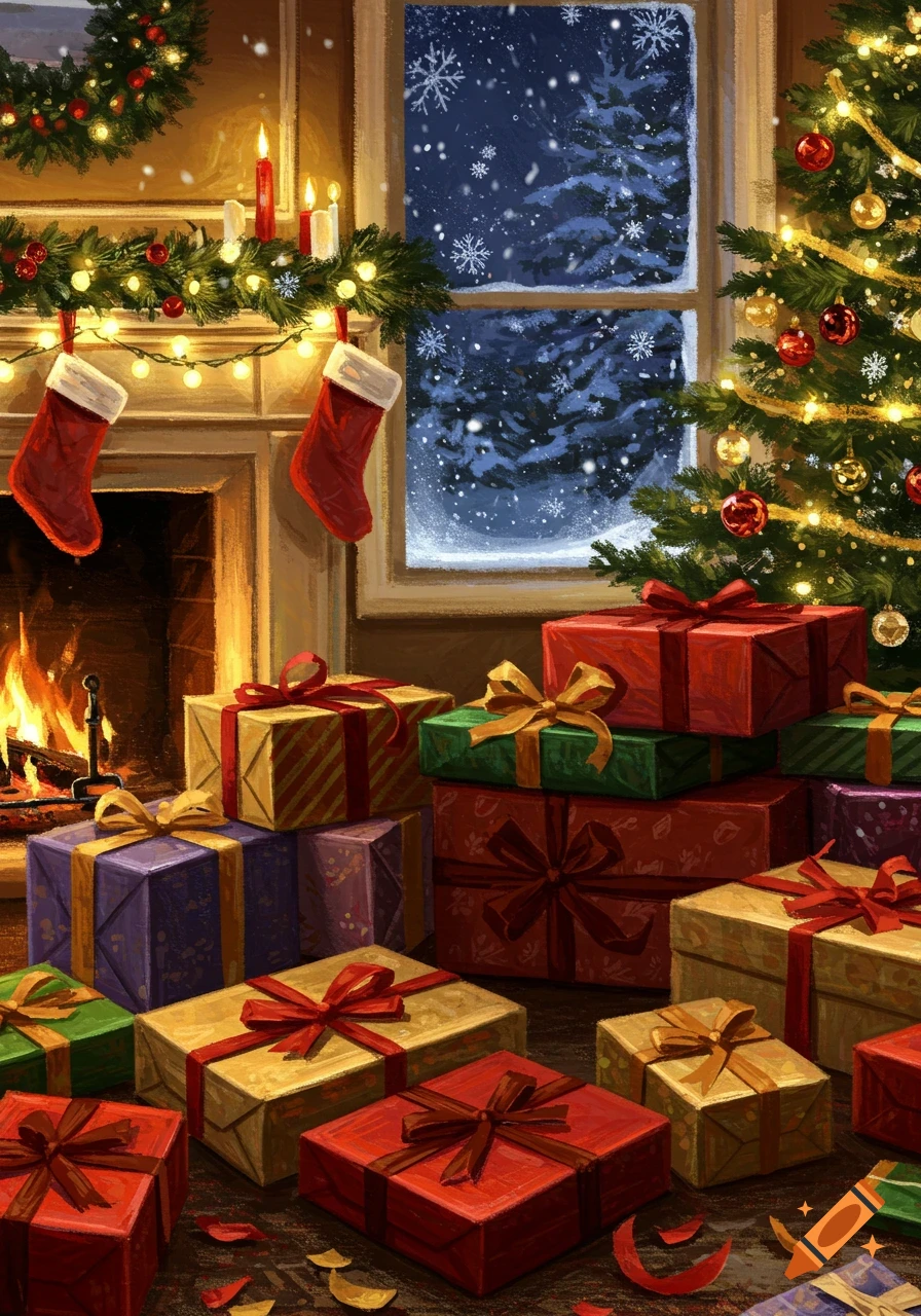 An impressionistic painting of a cozy Christmas room with a glowing fireplace, decorated tree, and many wrapped gifts.