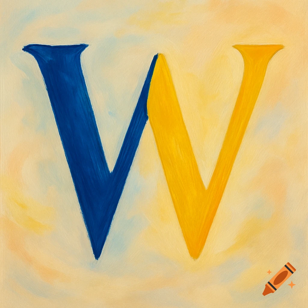 An illustration of the letter W, blue on the left and yellow on the right, on a painterly light yellow background.