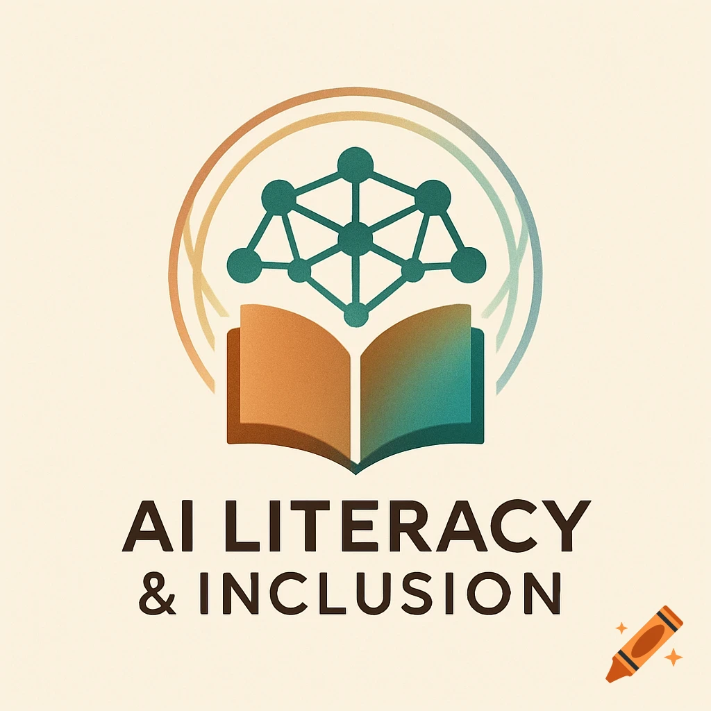 Logo featuring an open book, a network of nodes, and text 'AI LITERACY & INCLUSION' in an illustrative style.