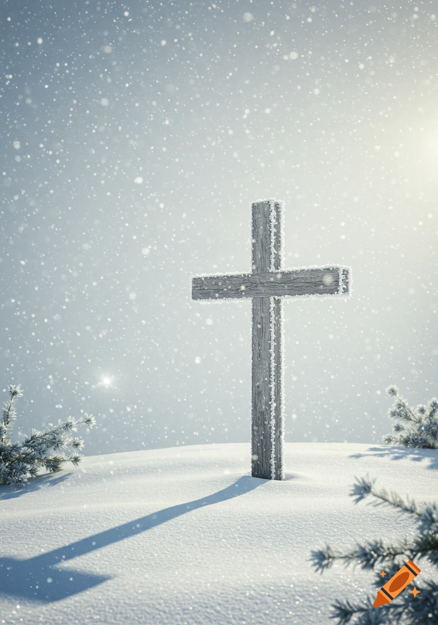 A weathered wooden cross, lightly covered in frost, stands solitary on a pristine snow-covered hill with pine branches, as snowflakes gently fall under a soft, bright sky.