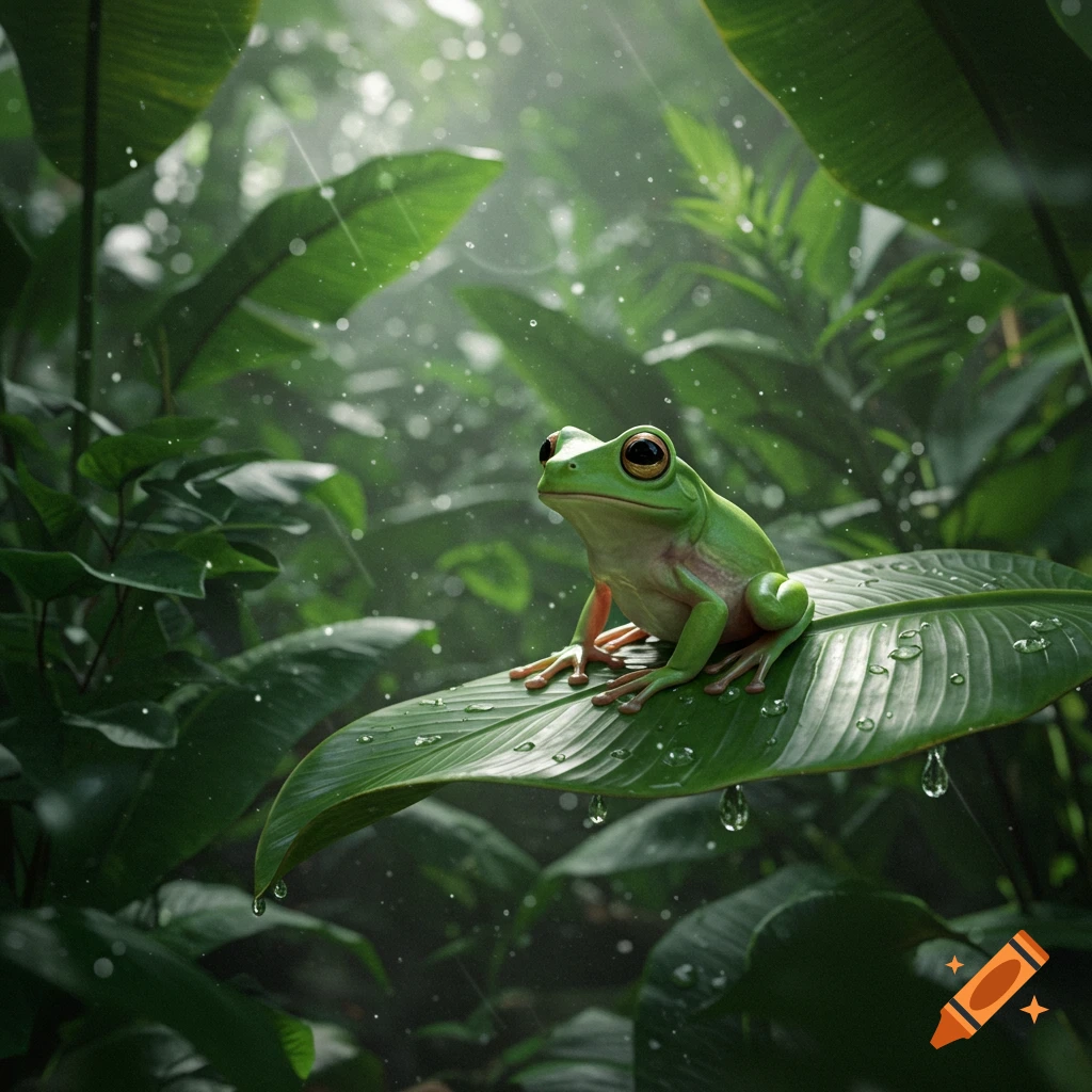 A vibrant green frog with large eyes sits on a large leaf covered in raindrops in a lush, sun-dappled rainforest.