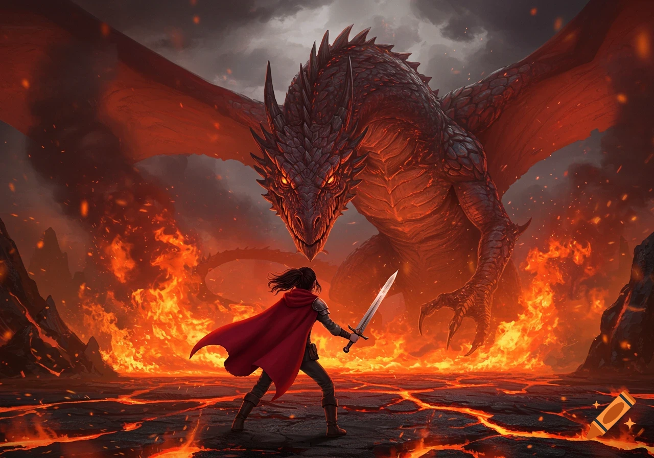 A warrior in a red cloak fights a large red dragon in a volcanic, fire-filled landscape, epic fantasy art.