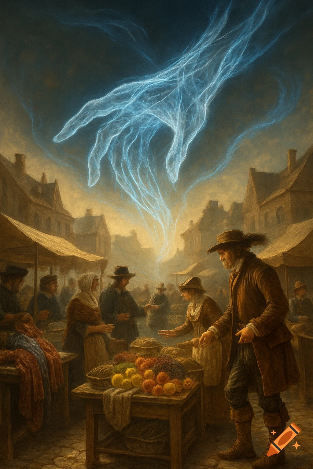 A dramatic, painterly scene of a bustling historical market under a glowing ethereal blue hand descending from the sky.
