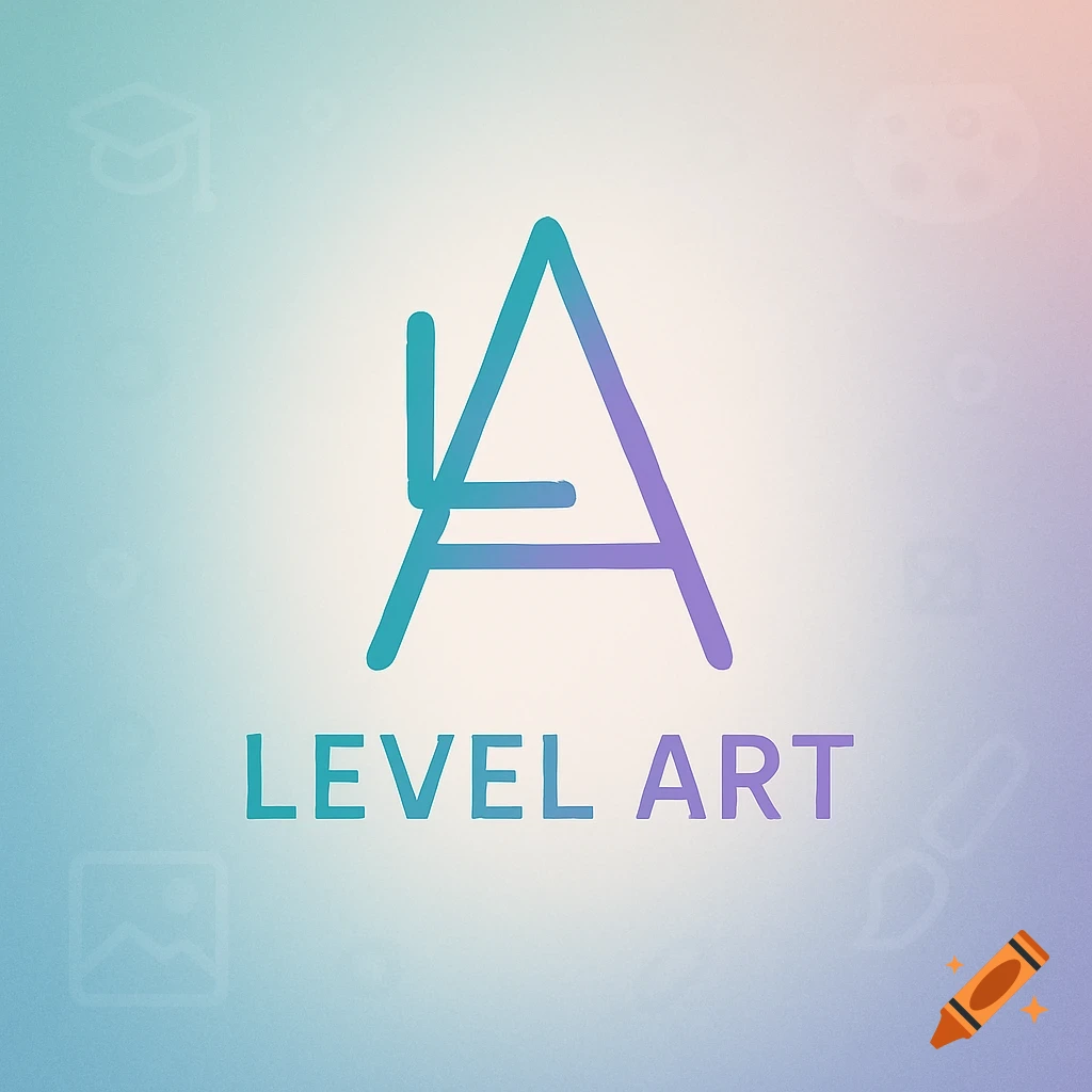 A modern logo featuring a teal and purple gradient 'LA' monogram above the text 'LEVEL ART' on a soft pastel background with faint art icons.