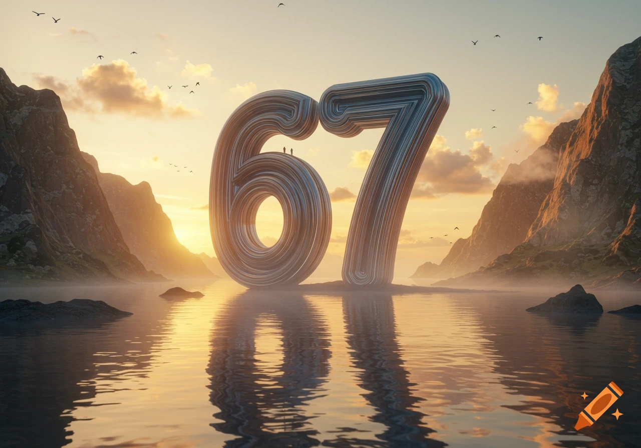 Large metallic numbers 67 stand in a serene lake surrounded by mountains at sunset, with reflections in the water.