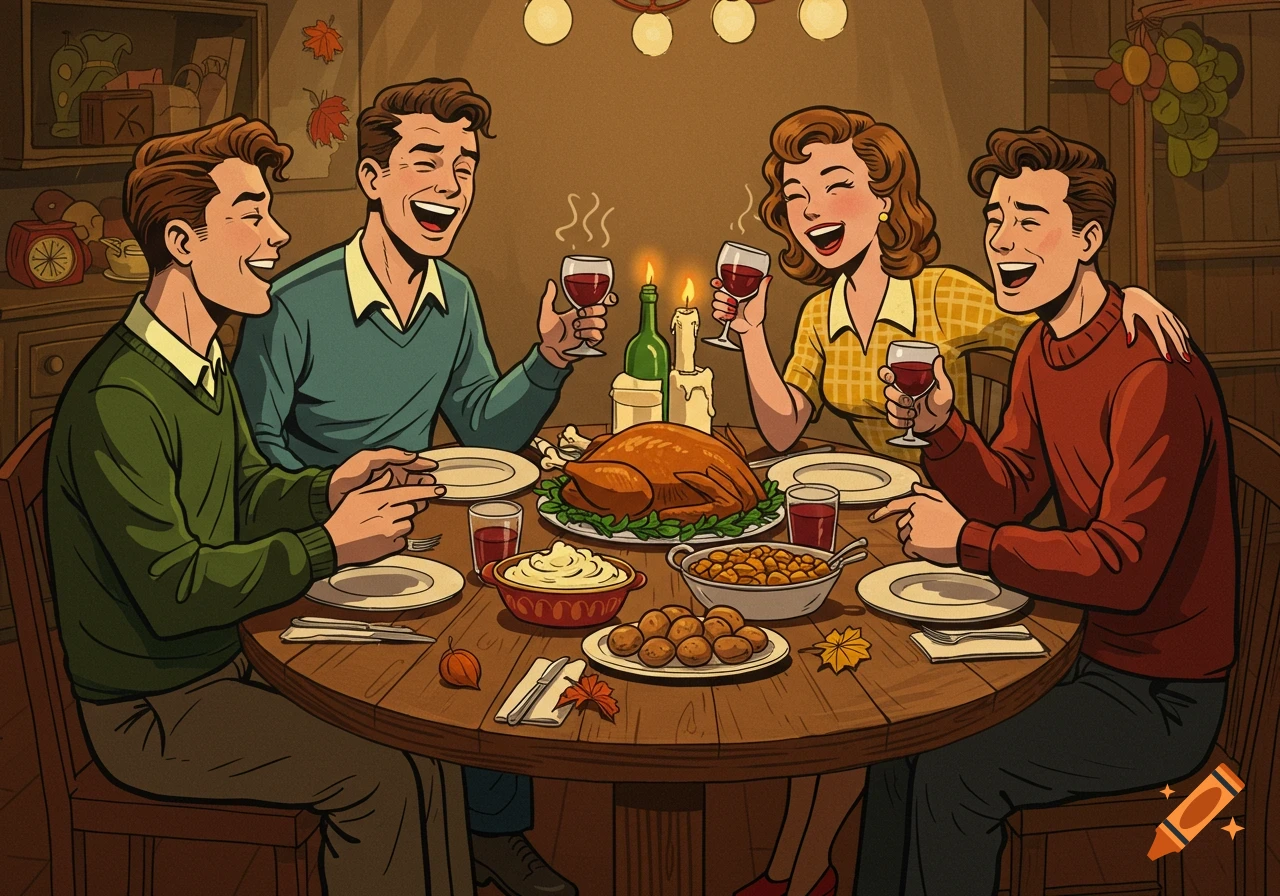 Four people, three men and one woman, laughing and drinking wine at a Thanksgiving dinner table in a 50s style cartoon.