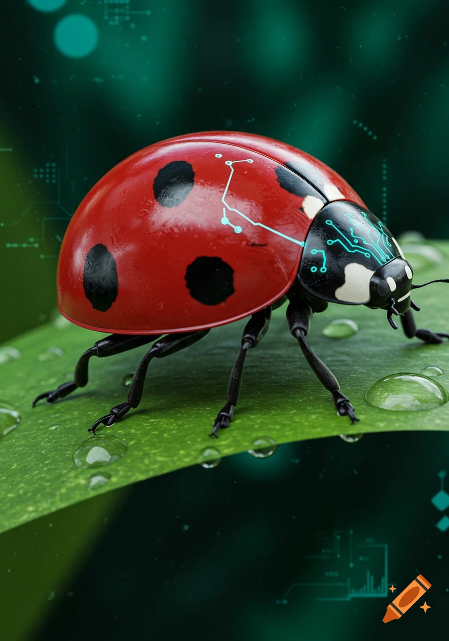 A red ladybug with black spots and glowing blue circuit patterns on its shell and head rests on a dewy green leaf.
