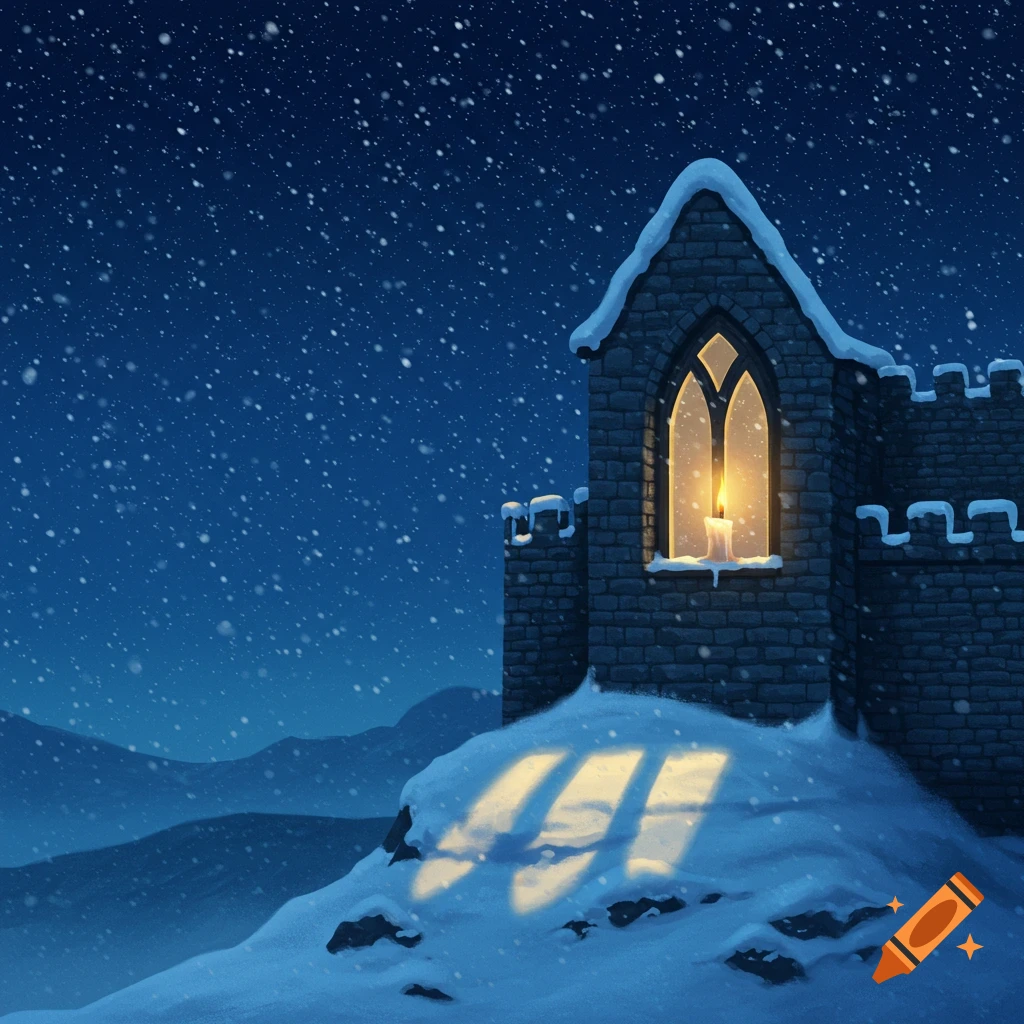 An illustrative image of a stone castle on a snowy hill at night, with falling snow and a lit candle in a Gothic window.