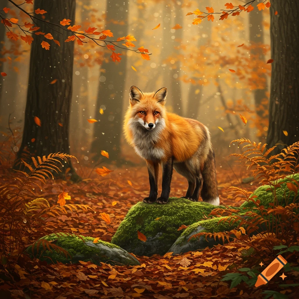 A photorealistic red fox stands on a mossy rock in a vibrant autumn forest with falling orange leaves.