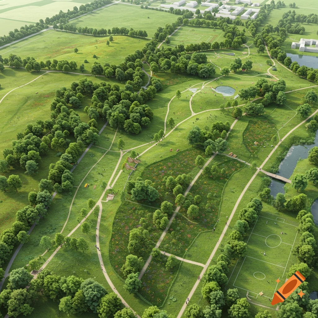 An aerial view of an expansive green park featuring winding paths, dense trees, sports fields, small ponds, and distant buildings.