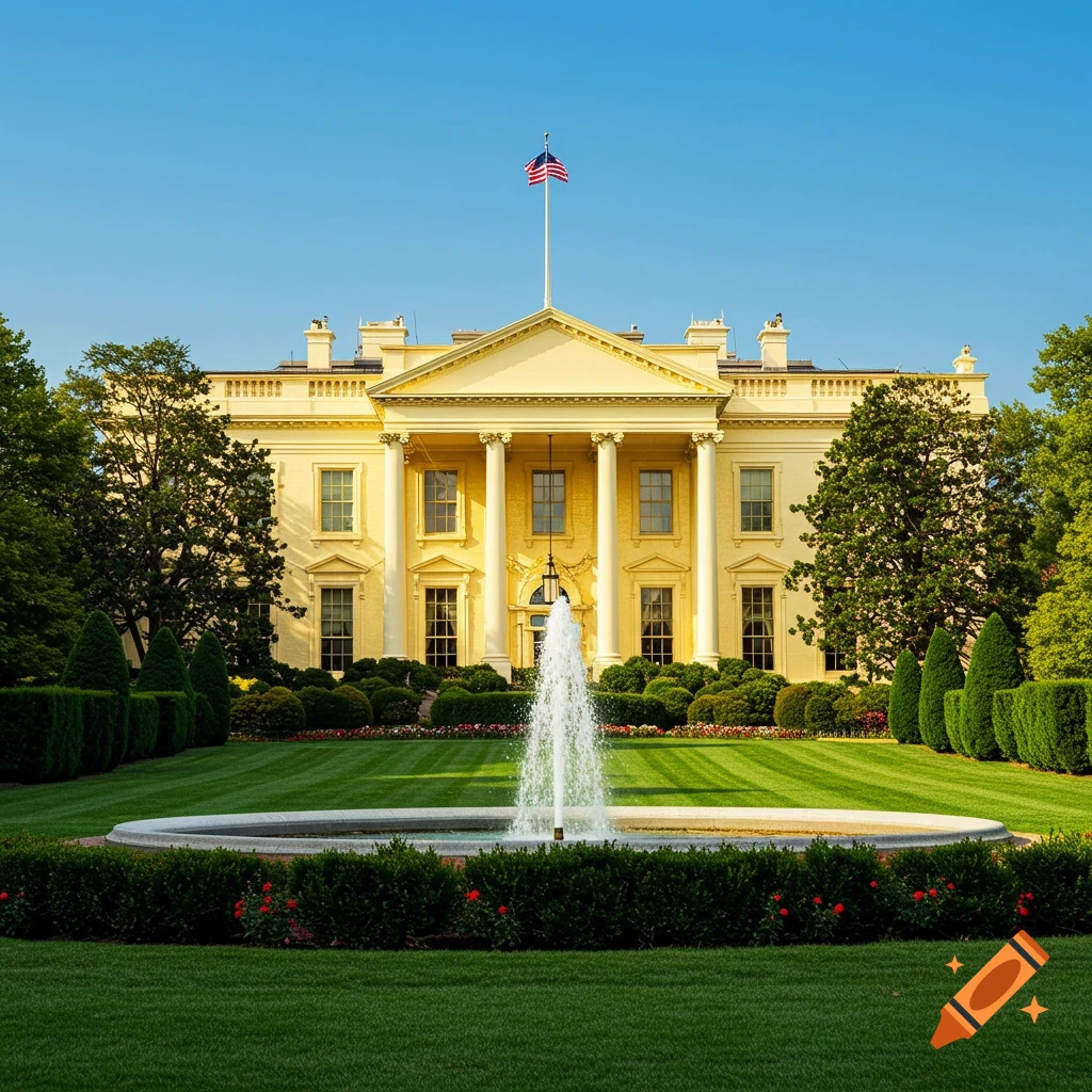 Gold-painted White House exterior with a fountain, green lawn, trees, and an American flag under a clear sky.