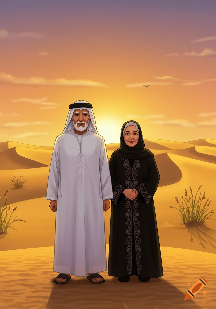 Cartoon of an elderly Emirati couple in traditional attire standing in a desert at sunset.