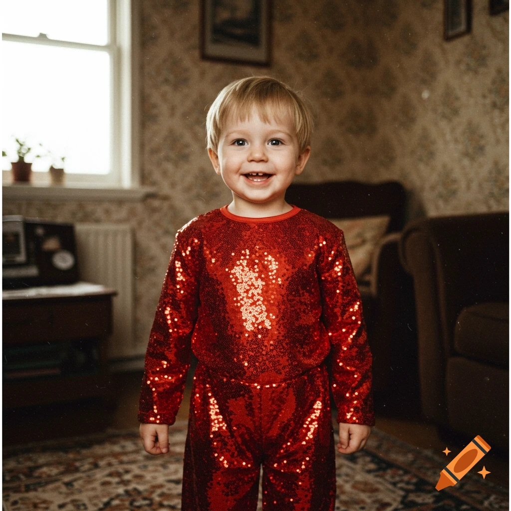 A young boy in a shiny red sequin outfit smiles at the camera in a room with patterned wallpaper and a window, styled as a 90s analog photo.
