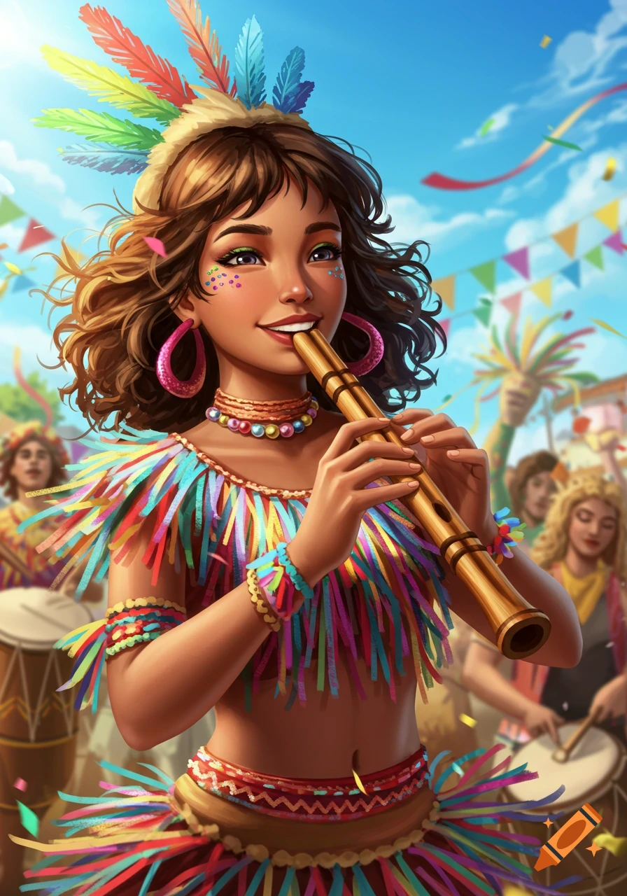 Vibrant illustration of a young woman in a colorful carnival costume playing a p an flute at an outdoor festival.