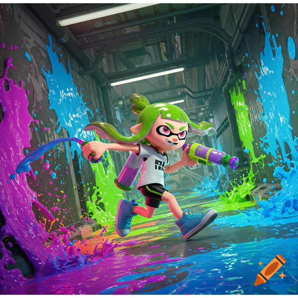 A green Inkling from Splatoon runs through a splattered corridor, holding a water gun and spraying blue paint.