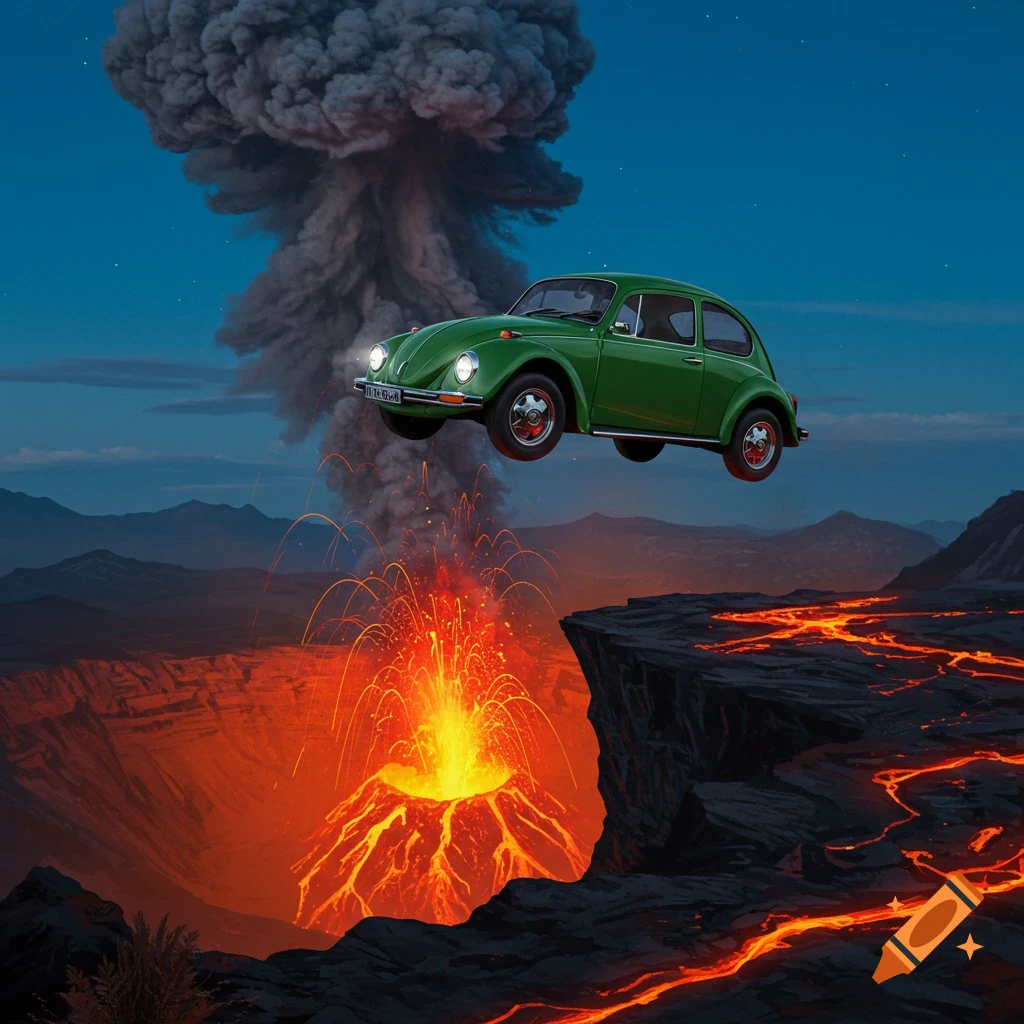A green VW Beetle jumps over an erupting volcano, spewing lava and ash, under a dark blue sky.