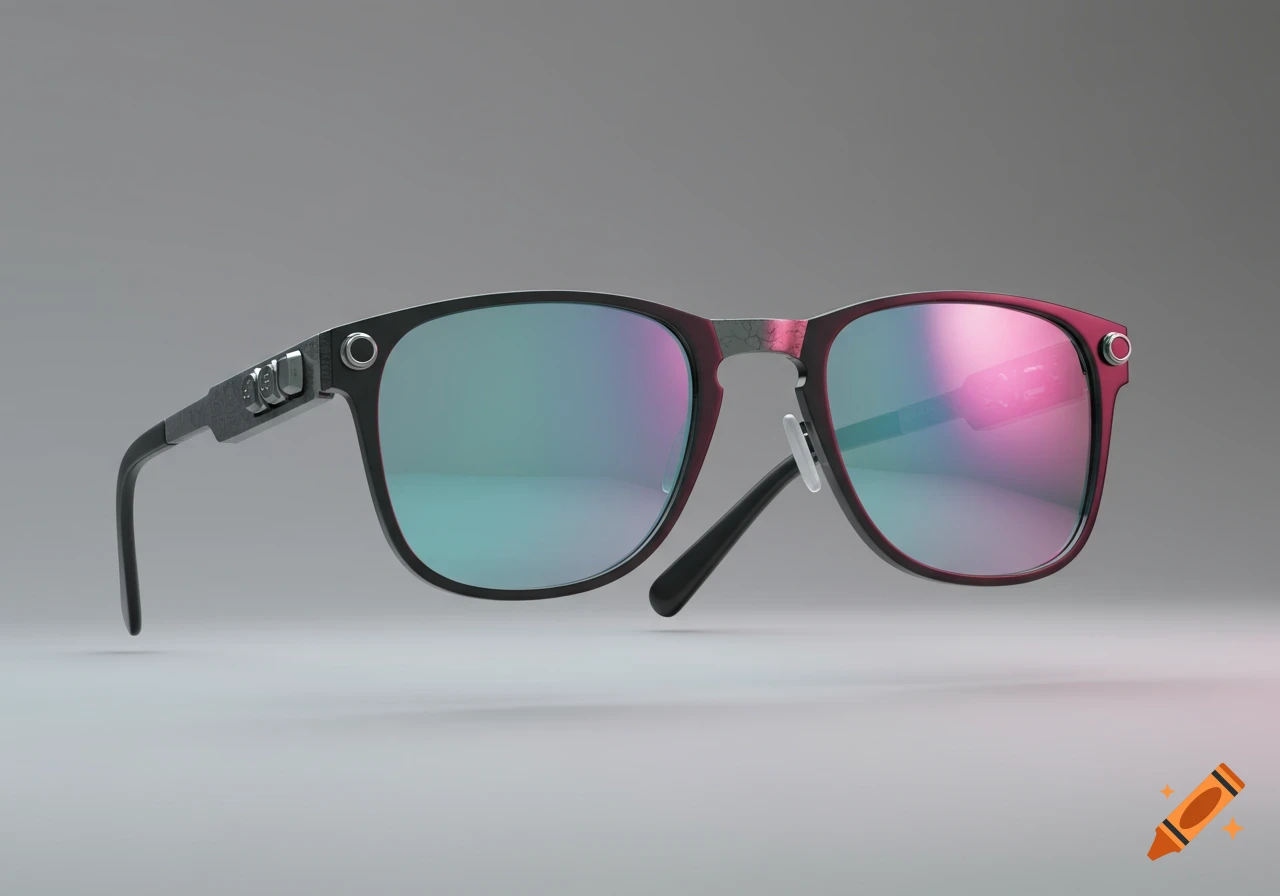 A pair of modern smart glasses with iridescent lenses and small buttons on the dark frame, against a grey background.