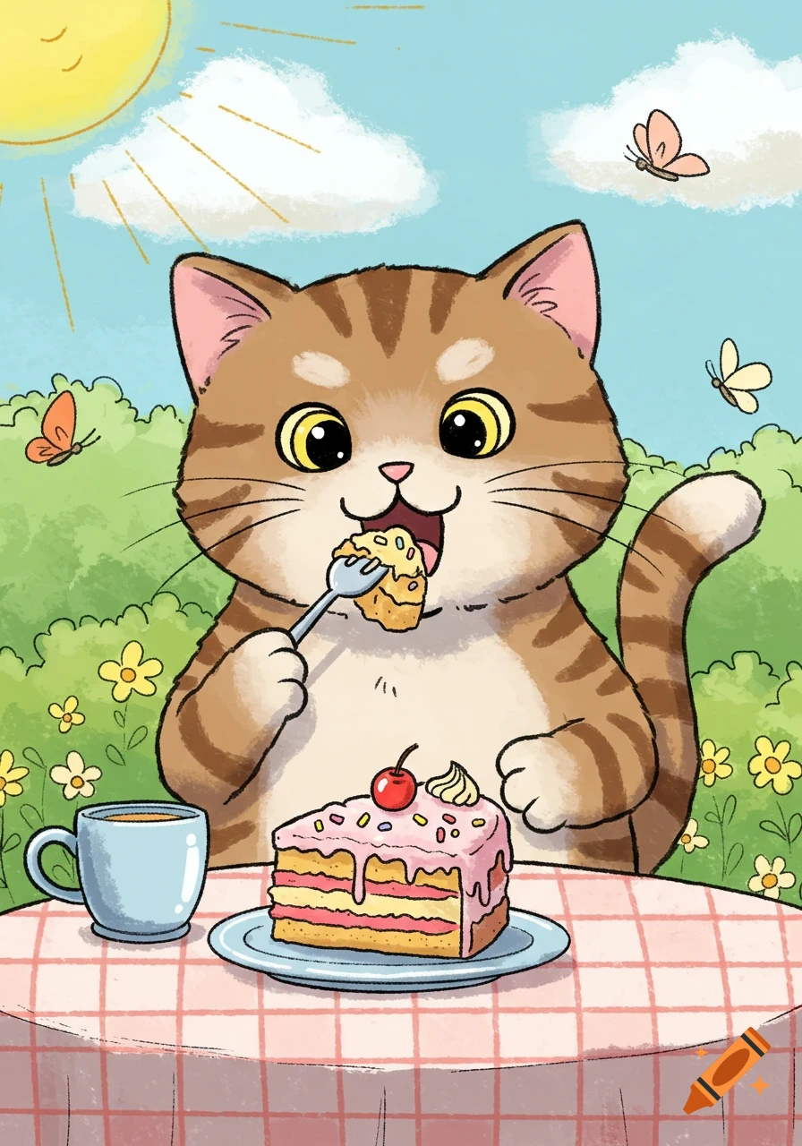 A cute cartoon cat with big eyes happily eats a piece of cake with a fork at a picnic table outdoors on a sunny day.