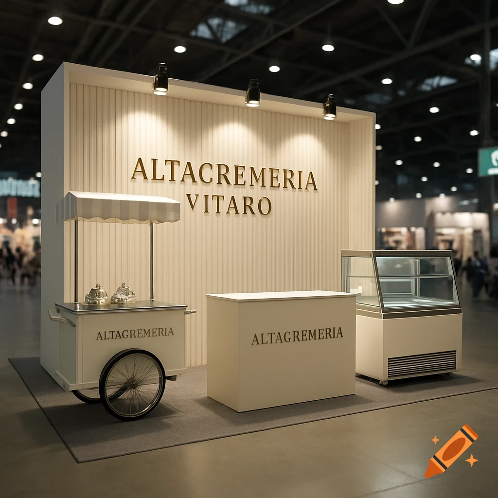 A modern, elegant trade show booth with "ALTACREMERIA VITARO" on the back wall, an ice cream cart, reception desk, and display fridge.